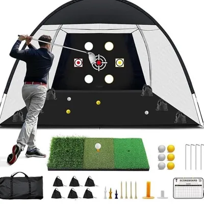 Produktbild von Golf-Übungsnetz 300cm, tragbares Golfnetz mit 6 Ziellöchern, Abschlagmatte, Zielscheibe & Golfbällen, Training für Driving, Chipping & Schwung