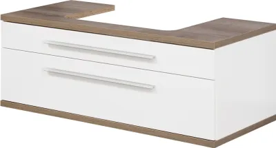 Produktbild von FACKELMANN Waschtischunterschrank STANFORD mit Beckenausschnitt / Soft-Close-System / Maße (B x H x T): ca. 110 x 41 x 50 cm / hochwertiger Schrank / Korpus: Weiß / Front: Weiß / Abdeckplatte: Braun hell