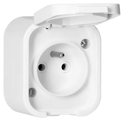 Imagen del producto de Enchufe de superficie, resistente al agua (IP54), de plástico termoplástico, blanco, de una toma, para uso en exteriores