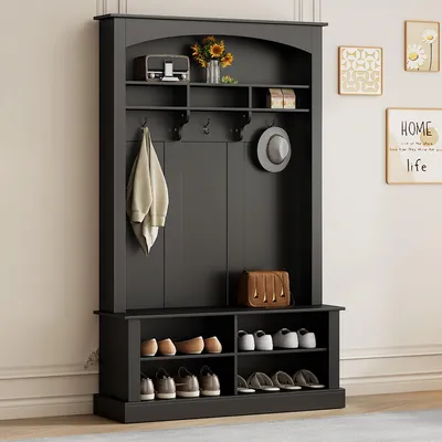 Image de OKWISH Meuble d'entrée - Meuble de Rangement Entrée avec Banc et 3 Crochets, Étagères Ouvertes pour Hall Multifonction - 120x40x190 cm, Noir