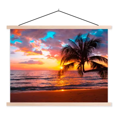 Produktbild von MuchoWow® Textilposter Palme - Sonnenuntergang - Strand - Meer - Horizont 40x30 cm mit holzfarbenen Rahmen - Bilder