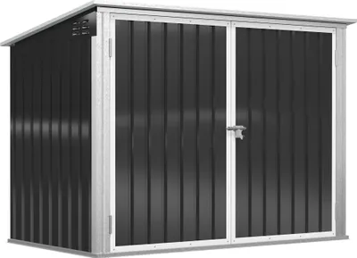 A black metal trash can enclosure with silver trim and a sloped roof, shown from a front-facing angle.