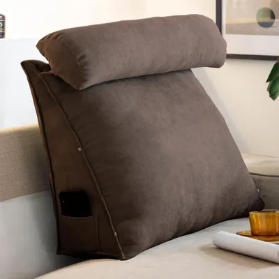 Produktbild von Rückenkissen Lesekissen Keilkissen für Bett Sofa, Einfarbig Lendenkissen Rückenlehne Dreieckigen abnehmbarem Bezug Kopfteilkissen Bettkissen mit Seitenfach (45x45x20cm,braun)
