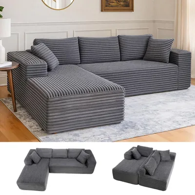 A collage of a dark gray corduroy sectional sofa.
