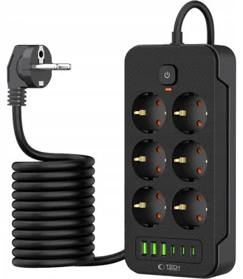 Produktbild von Steckdosenleiste Tech-Protect Mit 6 Steckdosen Und 6 Usb-Ports 2 m Schwarz