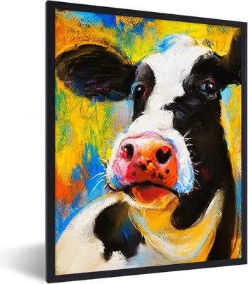 Produktbild von MuchoWow® Gerahmtes Poster Gemälde - Ölfarbe - Kuh - Tiere 60x80 cm - Poster mit Schwarzem Bilderrahmen Wandposter Rahmen Foto Bilder - Premium - Wanddeko Wohnzimmer