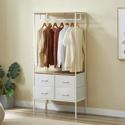 Produktbild von CASABEL Garderobenschrank 80×40×167 cm mit 4 stabilen Stoffschubladen, kompode Kommode für Schlafzimmer oder Flur, Metallrahmen in Weiß und Ablage aus Holzwerkstoff
