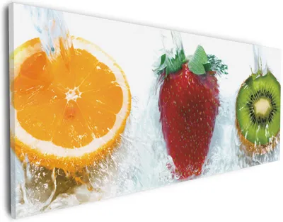 Produktbild von Wallario Premium Leinwandbild Frische Früchte übergossen mit Wasser in Größe 30 x 75 cm