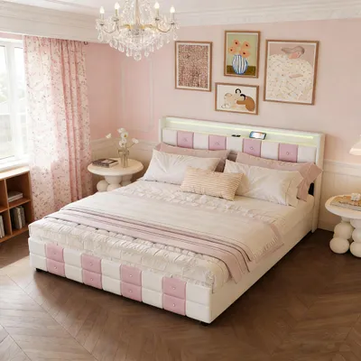 Immagine prodotto di Letto imbottito INONEFT, 140x200 cm, con LED e USB, struttura letto per ragazzi con 4 cassetti e spazio contenitivo, testiera, letto per bambine con rete a doghe, bianco e rosa