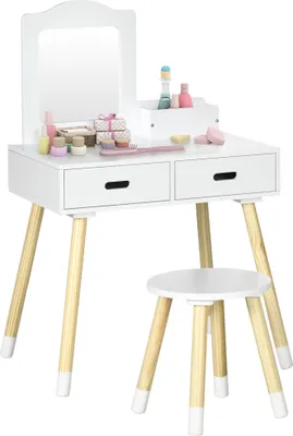 Image de ZONEKIZ Coiffeuse enfant table de maquillage avec tabouret miroir et 2 tiroirs 3 à 6 ans - 60 x 40 x 95 cm - blanc et bois