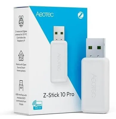 The image shows the packaging and the product itself, a white USB dongle, for the Aeotec Z-Stick 10 Pro.
