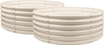 Two round, corrugated metal raised garden beds are shown against a white background.