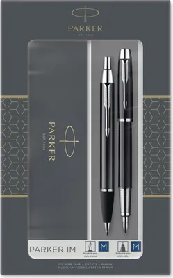 Produktbild von Parker IM Duo-Geschenkset mit Kugelschreiber und Füller | Hochglänzend Schwarz mit Chromzierteilen | Nachfüllmine und -patrone mit blauer Tinte | Geschenkbox