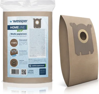 A package of vacuum cleaner bags and a single vacuum cleaner bag.