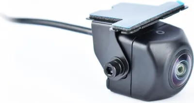 A black rearview camera is shown against a white background.