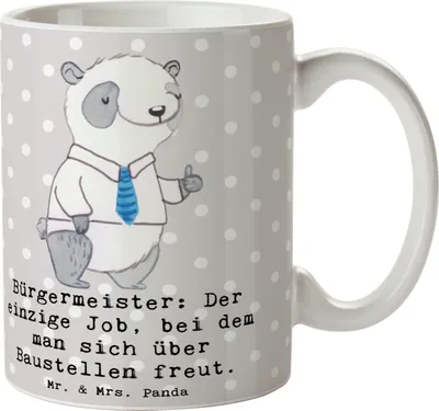 Produktbild von Mr. & Mrs. Panda Becher Bürgermeister Freude - Grau Pastell - Geschenk, Berufe, Amtsleiter, Teetasse, Stadt, Kaffeebecher, handgefertigte Geschenke, Führungsposition, Bau