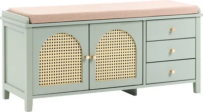 Produktbild von BELIANI Schuhbank Mintgrün MDF Holzwerkstoff u. Polyrattan Niedrig Schmal mit 3 Schubladen 2 Türen Wiener-Geflecht Boho-Design für 8 Paar Schuhe