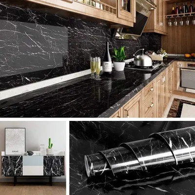 Produktbild von Klebefolie, Marmorfolie selbstklebend, wasserdicht und ölbeständig, Marmoroptik-Möbelfolie für Küche, Tisch, Schrank, Schminktisch, 60x500cm, Schwarz