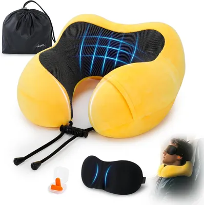 Imagen del producto de Almohada para el cuello de espuma viscoelástica, ajustable, con antifaz y tapones para los oídos, compacta, ideal para viajes