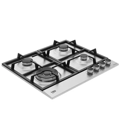 A stainless steel gas hob with four burners and control knobs, presented on a white background.