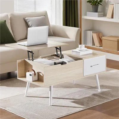 Produktbild von Yaheetech Couchtisch Beistelltisch höhenverstellbar Lift-Top Kaffeetisch mit Stauraum, offene Fächer, helle Holzfarbe