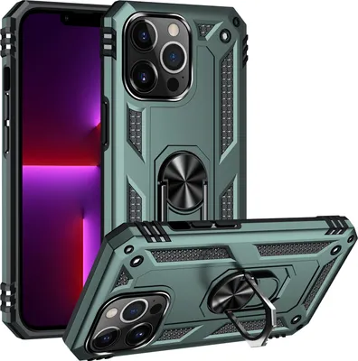 Produktbild von Schutzhülle für iPhone 14 Pro Max, Dual Layer Militäre Fallschutz Hülle mit Ringhalterung Ständer für iPhone 14 Pro Max Grün