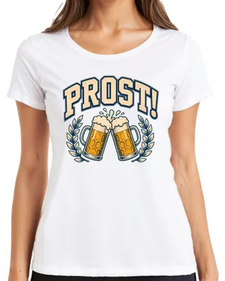 Productafbeelding van PROST! Bierkruik, , volksfeest, feest, grappig, lederen broek, dames T-shirt, wit, maat L