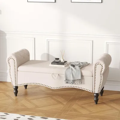 Obrázok produktu pre Úložná otomanka, čalúnená lavica, sedacia stolička s úložným priestorom, 128 cm, béžová, vzhľad lnu