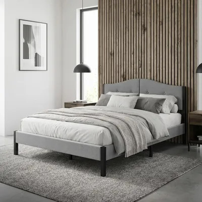 Immagine prodotto di Letto imbottito ML-Design 140x200 cm, grigio. Letto matrimoniale con solida struttura, testiera e rete a doghe. Letto moderno per ragazzi rivestito in tessuto di lino.