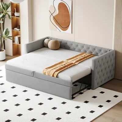 Produktbild von okwish Ausziehbares Schlafsofa Daybett 90x200cm mit Ausziehbett, Tagesbett Kinderbett Jugendbett mit Lattenrost aus Holz(Ohne Matratze)- Hellgrau