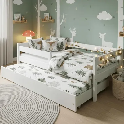 Produktbild von MEBLE WRÓBEL Kinderbett 80x160 cm mit Auszugbett, Rausfallschutz & Lattenrost - Kinder Bett Montessori - Jugendbet aus Kiefer Massivholz in Weiß - Einzelbett ohne Matratze