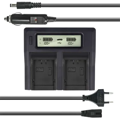 Produktbild von Dual Akku-Ladegerät kompatibel mit Panasonic DMW-BLB13 - mit USB-Anschluss, LCD-Display und Kfz-Ladekabel - Schnellladegerät