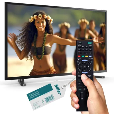 A hand holds a remote control in front of a television displaying a scene with people dancing.