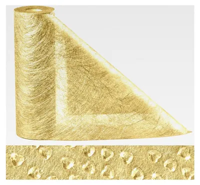 Produktbild von Tischläufer Gold Rolle 30m, 23cm Breite Vlies für Hochzeiten mit 150 Deko Herzen, glänzendes Tischband für Tischdecken zu Geburtstagen, Taufen, Kommunion und Weihnachten