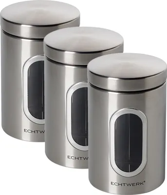 Three silver metal storage canisters with clear windows are arranged in a row against a white background.