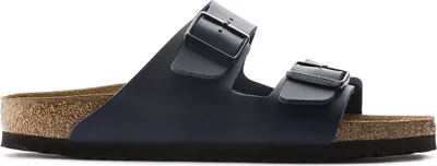 A side view of a blue Birkenstock sandal.