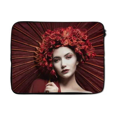 Produktbild von MuchoWow® Laptop Hülle 17 Zoll Laptoptasche Frau - Rot - Porträt - Regenschirm - Zipper - Schutzabdeckung