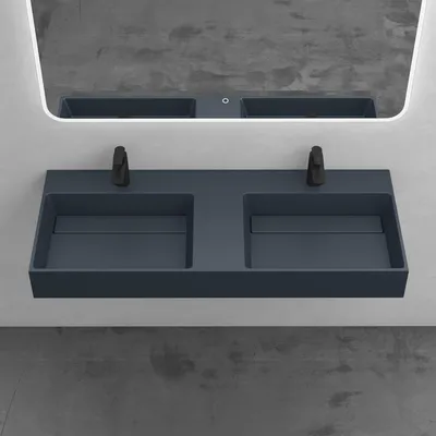 Produktbild von Mai & Mai Aufsatzwaschbecken Doppel-Waschbecken mit 2 Armaturenlöcher Hängewaschbecken 120x48x13cm in matt Anthrazit aus Mineralguss ohne Überlauf Col12