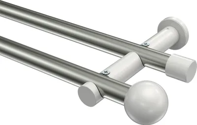 Produktbild von Interdeco Gardinenstange / Vorhangstange Edelstahl-Optik / Weiß, Typ Platon Luino (Kugel) ohne Ringe, 20 mm Ø 2-läufig, 440 cm