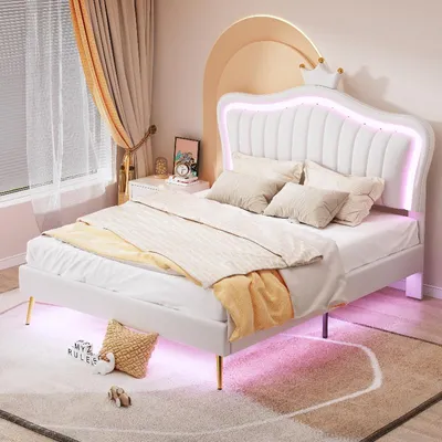 Immagine prodotto di Letto per bambini 140x200 cm, imbottito, bianco, con illuminazione a LED, testiera a forma di conchiglia con , struttura del letto senza materasso, completo di rete a listelli