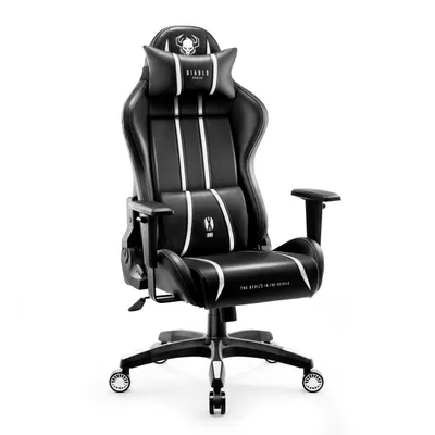 A black and white gaming chair with white accents and branding, presented on a white background.
