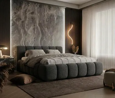 Produktbild von Polsterbett mit Bettkasten MILANO / Lambi 11 Dunkelgrau / Schlaffläche 200 cm x 200 cm / Metallrahmen / Bett mit gepolstertem Kopfteil/ Bouclé, KI-generiertes Bild