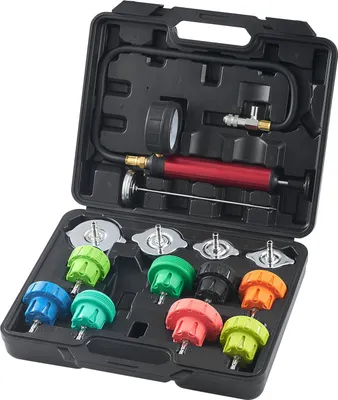 Produktbild von 14-teiliges Kühlerkühlmittel-Druckprüfer-Set Abdrückgerät, Abdrücken Tester Kühlwasser Befüllgerät, Kühler Entlüftungsgerät Kühlsystemtester inkl. Thermometer, 4 Metalladapter und 8 Prüfkappen