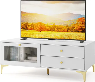 Produktbild von TV-Schrank für 55 Fernseher, Medienkontrollzentrum mit herunterklappbarer Tür, 2 Aufbewahrungsschubladen & stabile Metallbeine, Weiß