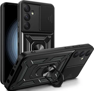A black phone case with a camera cover and ring holder is shown from two angles against a white background.