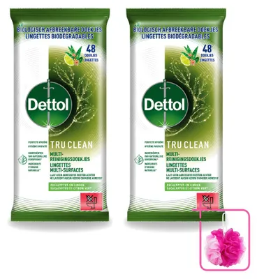 Productafbeelding van 2 x Dettol Tru Clean multifunctionele reinigingsdoekjes - Eucalyptus & Limoen - Biologisch afbreekbaar - Voordeelpakket - 2 stuks