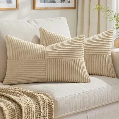 Productafbeelding van Set van 2 kussenhoezen, 30 x 50 cm, crèmekleurig ribcord, decoratieve kussens voor de bank, kussenhoezen, patchwork-cord, decoratieve kussens voor de bank, woonaccessoires