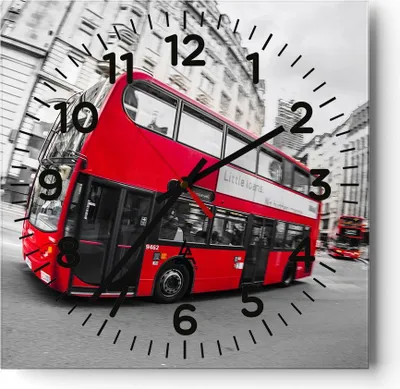 Produktbild von Wanduhr - Quadrat - Glasuhr - Bus London Reise Tourismus - 30x30cm - Schleichendes Uhrwerk - Lautlos - zum Aufhängen bereit - Dekoration Modern - Wanddekoration aus Glas - C4AC30x30-2730