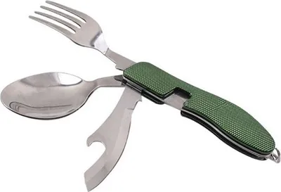 Produktbild von 4in1 Camping Besteck klappbar in Grün, Reisebesteck aus rostfreiem Edelstahl, Outdoor Besteck, Bundeswehr Feldbesteck