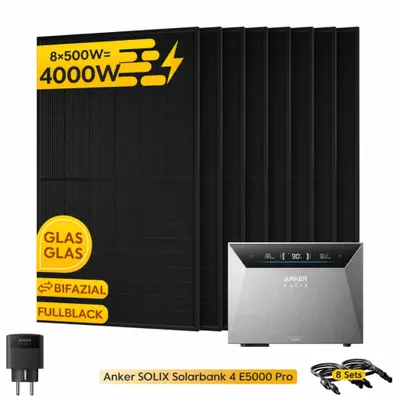 Produktbild von Powerness® Balkonkraftwerk mit Speicher Anker SOLIX Solarbank 4 E5000 Pro mit 8 x 500W Solarmodule & Anker SOLIX Smart Plug Gen 2 (0% MwSt)